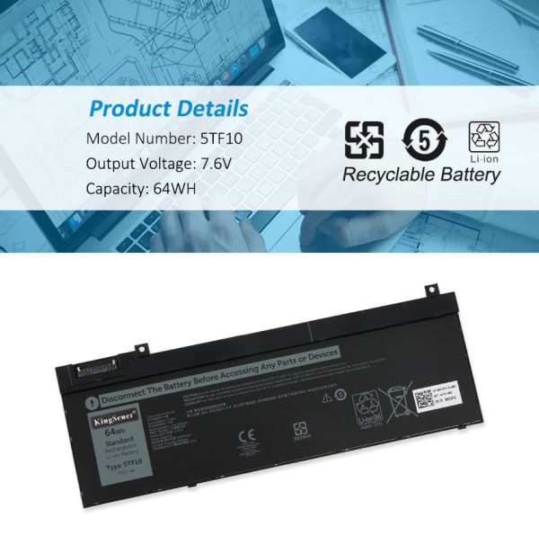 5TF10 Replacement Battery For Dell 5TF10 RY3F9 0RY3F9 7M0T6 GHXKY 05TF10 64WH 7.6V For Sale